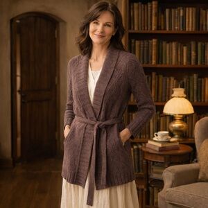 J Jill Knit Duster Cardigan Sweater Shawl Collar Brown PM Boho Chic Western